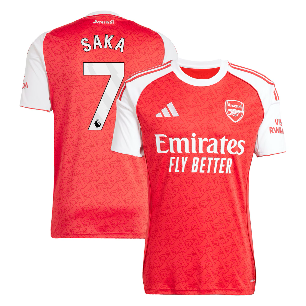 Arsenal Bukayo Saka Home Jersey 2025/26 (Premier League) – red and geometric retro football jersey detail view