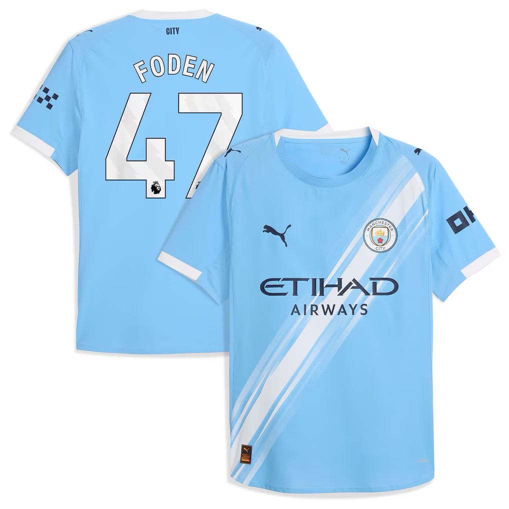 Manchester City Phil Foden Home Jersey 2025/26 (Premier League) – blue and striped retro football jersey detail view