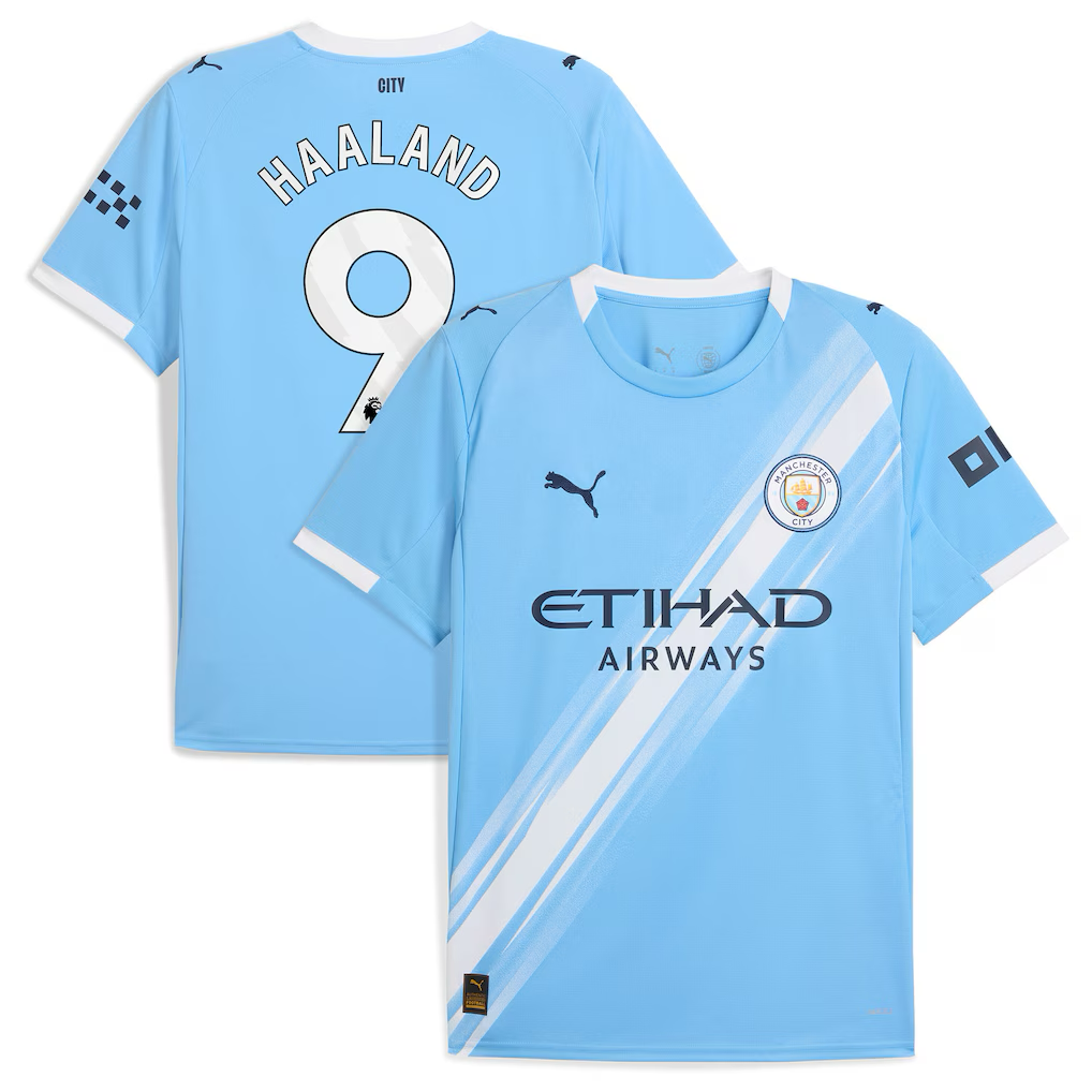 Manchester City Erling Haaland Home Jersey 2025/26 (Premier League) – blue and striped retro football jersey detail view