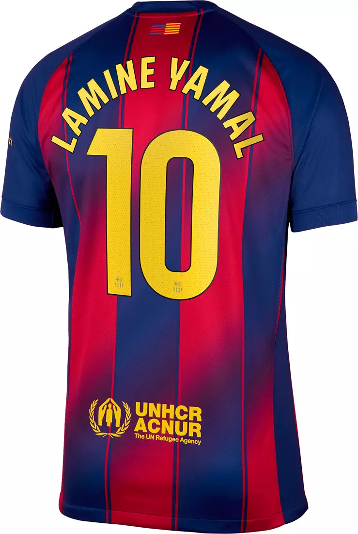 Barcelona Lamine Yamal Home Jersey 2025/26 (Champions League) – striped and blue retro football jersey front view