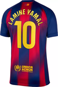 Barcelona Lamine Yamal Home Jersey 2025/26 (Champions League) – striped and blue retro football jersey front view