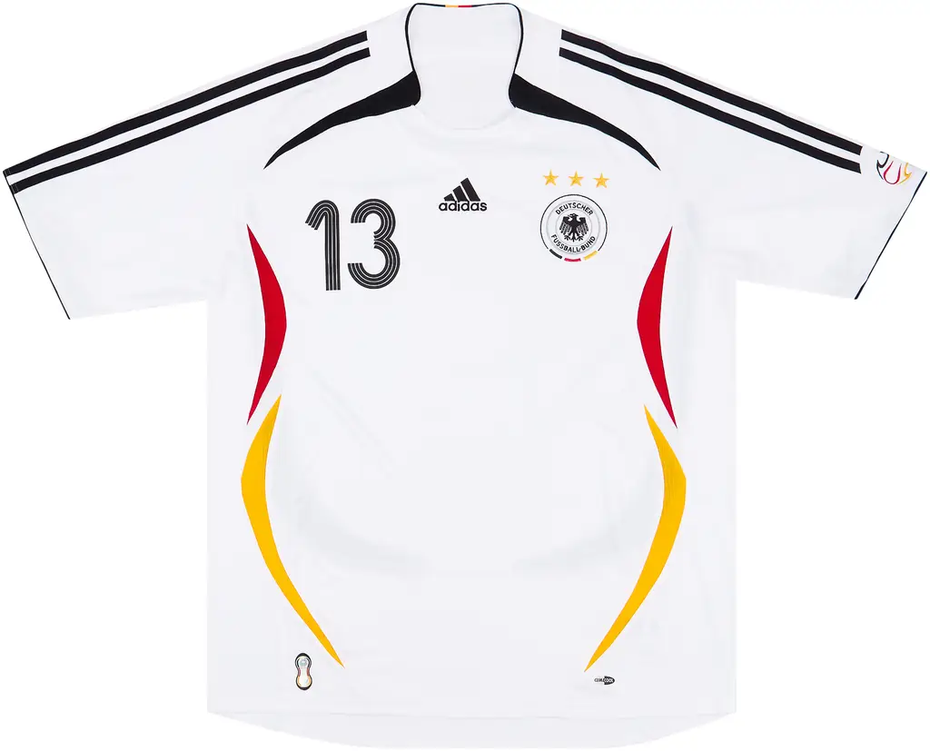 White soccer jersey with black stripes, number 13, and Adidas logo on a white background