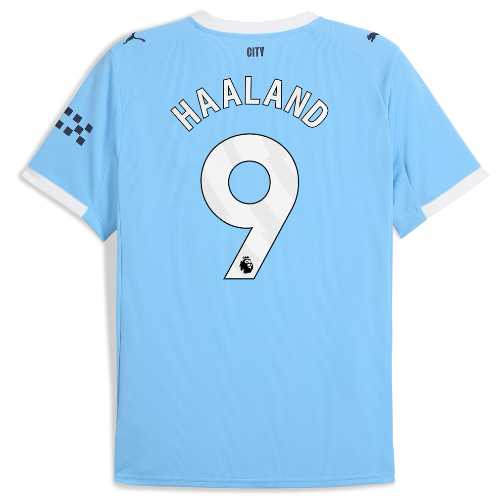 Manchester City Erling Haaland Home Jersey 2025/26 (Premier League) – blue and striped retro football jersey front view