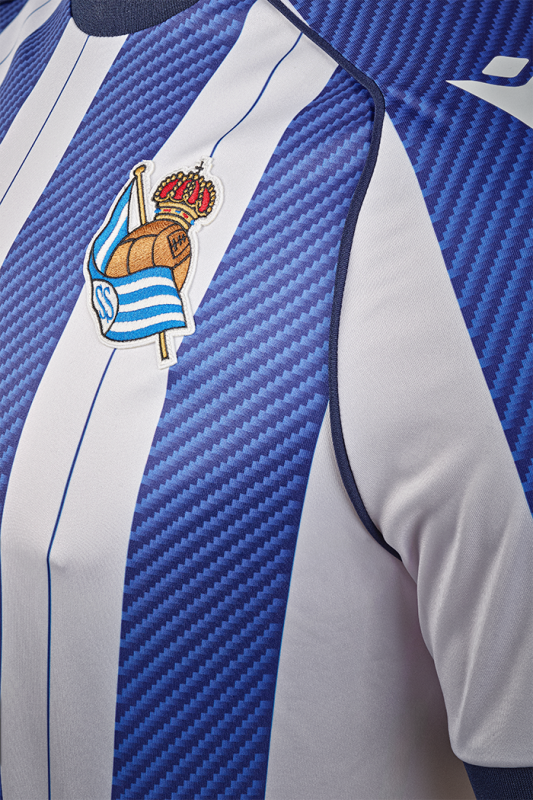 Real Sociedad Home Jersey 2025/26 (La Liga) – striped retro football jersey detail view
