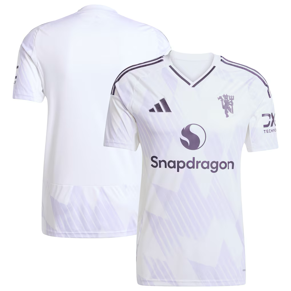 Manchester United Away Jersey 2025/26 (Premier League) – white retro football jersey detail view