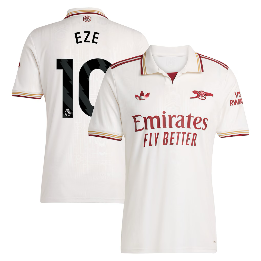Arsenal Eze Away Jersey 2025/26 (Premier League) – white retro football jersey detail view