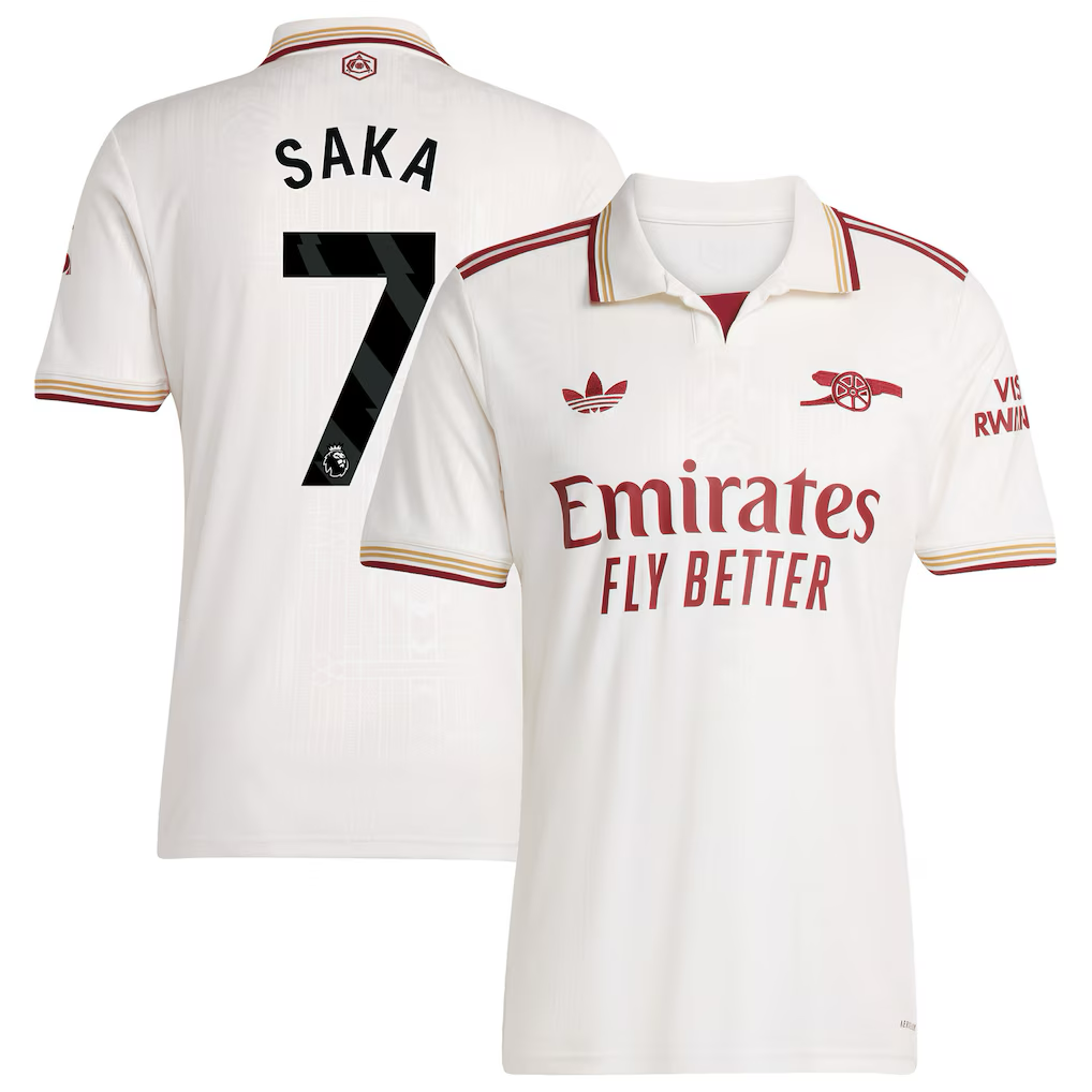 Arsenal Bukayo Saka Away Jersey 2025/26 (Premier League) – striped and white retro football jersey detail view