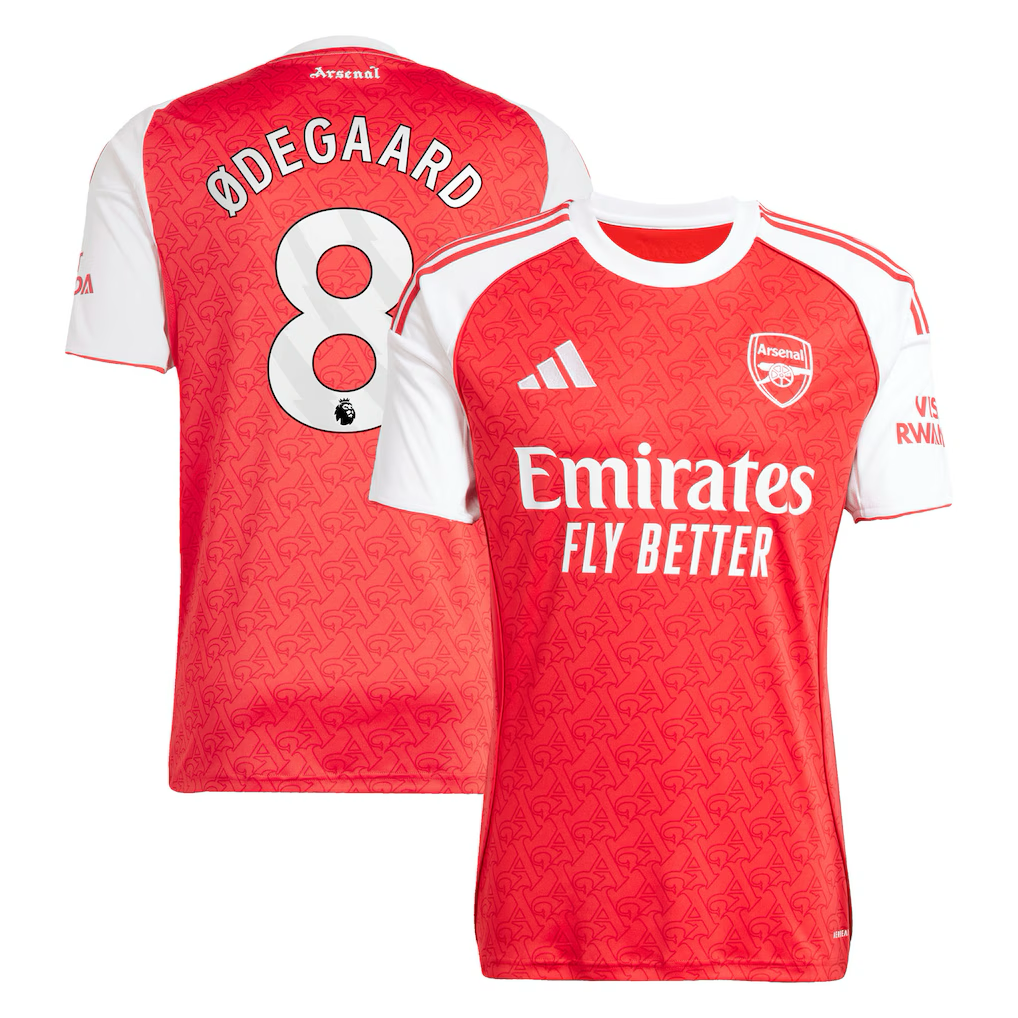 Arsenal Home Kit Ødegaard #8 2025/26 (Premier League) – red and geometric retro football jersey detail view