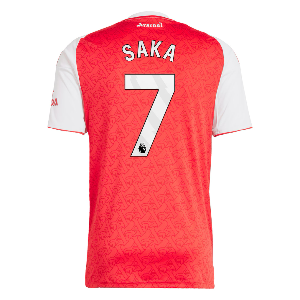 Arsenal Bukayo Saka Home Jersey 2025/26 (Premier League) – red and geometric retro football jersey front view