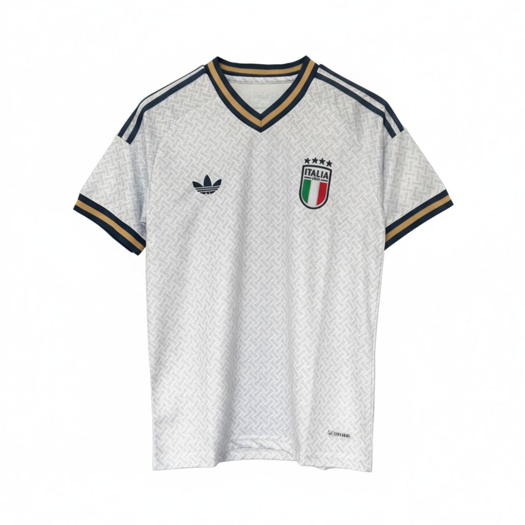 Italy Away Kit 2026 – blue and geometric retro football jersey front view