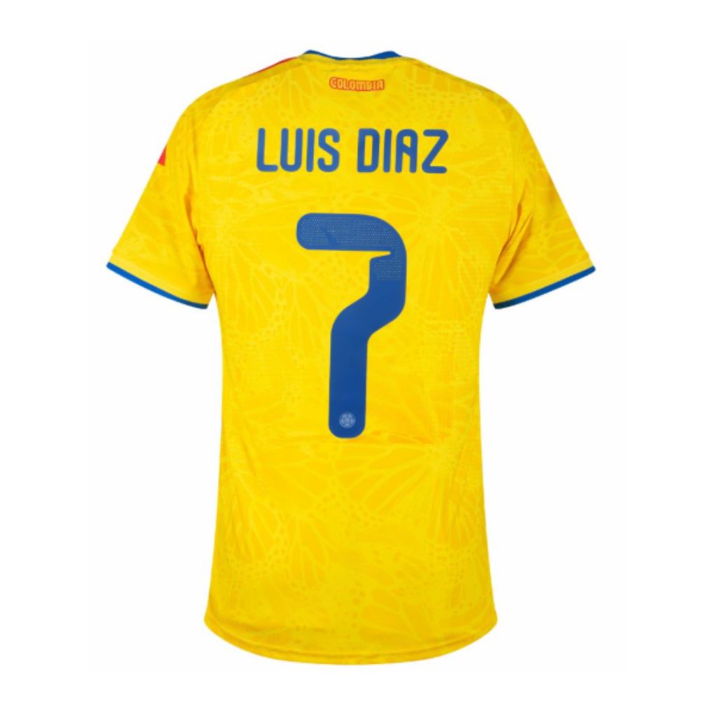 Colombia Luis Díaz #7 Home Kit - 2026 World Cup – yellow and geometric retro football jersey back view