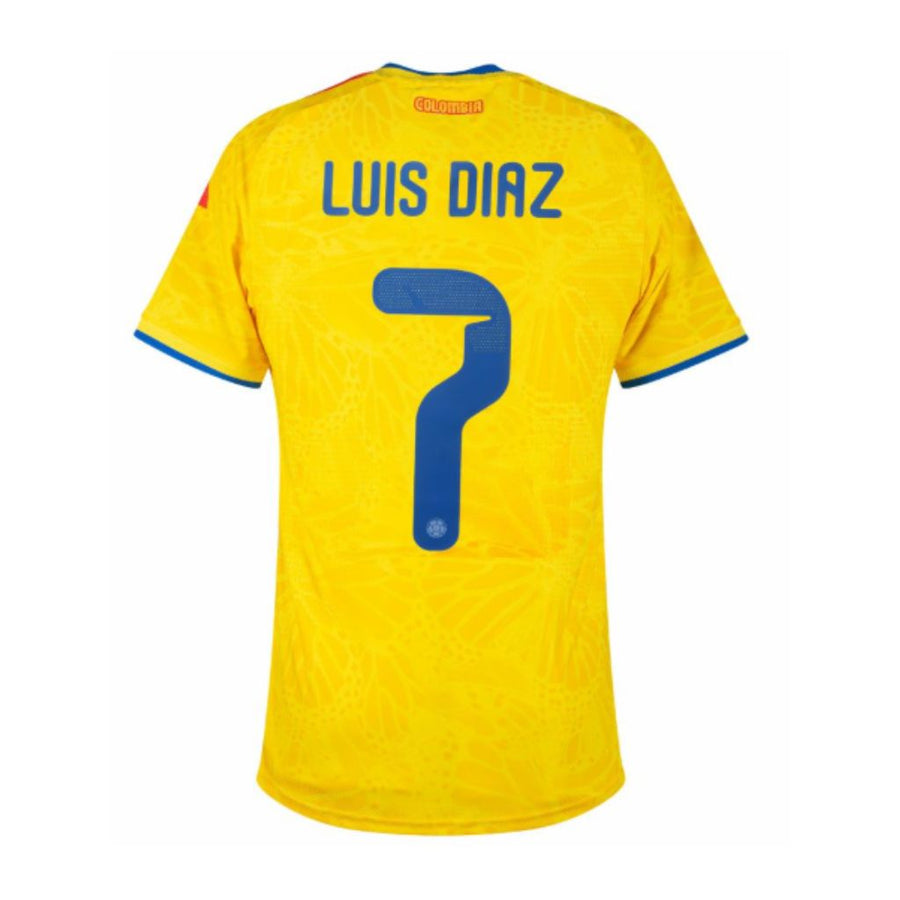 Colombia Luis Díaz #7 Home Kit - 2026 World Cup – yellow and geometric retro football jersey back view