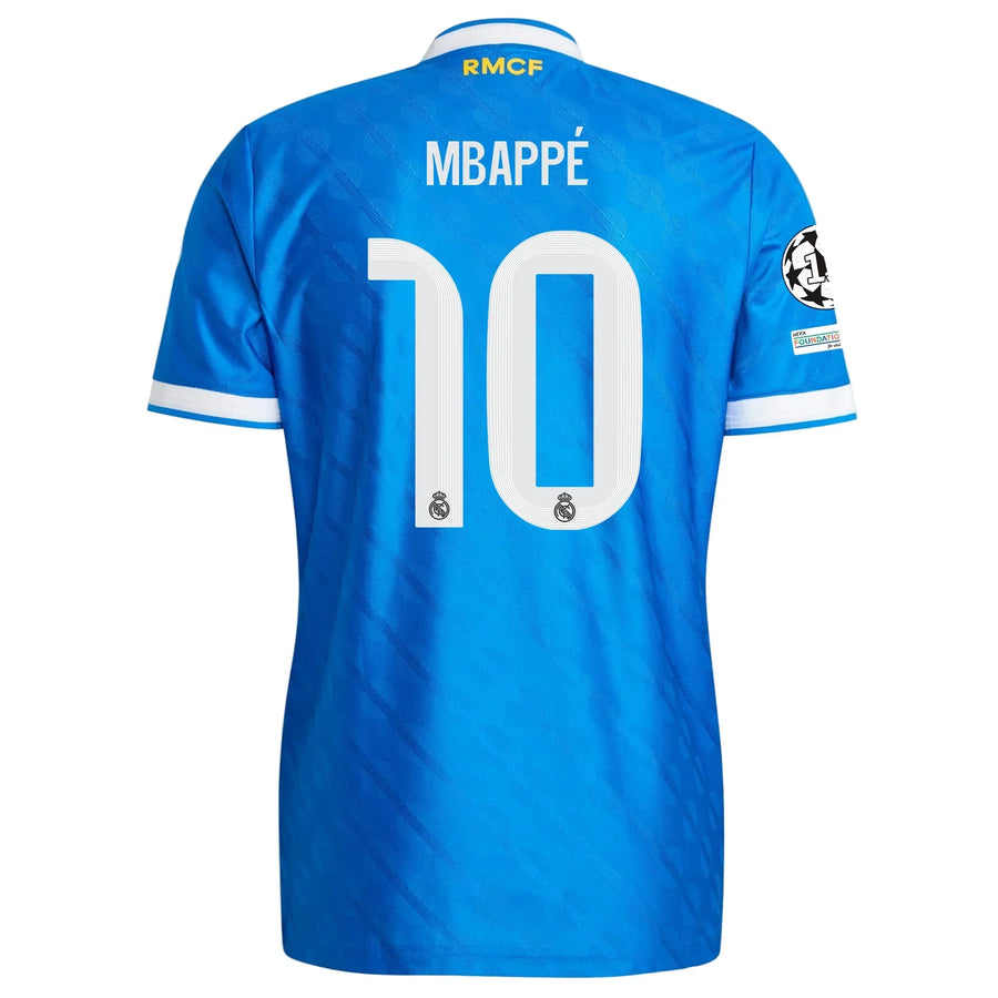 Real Madrid Mbappe 3rd Kit 2025/26 (Champions League) – white and blue and geometric retro football jersey front view