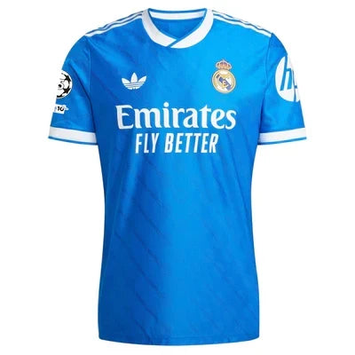 Real Madrid Mbappe 3rd Kit 2025/26 (Champions League) – white and blue and geometric retro football jersey back view