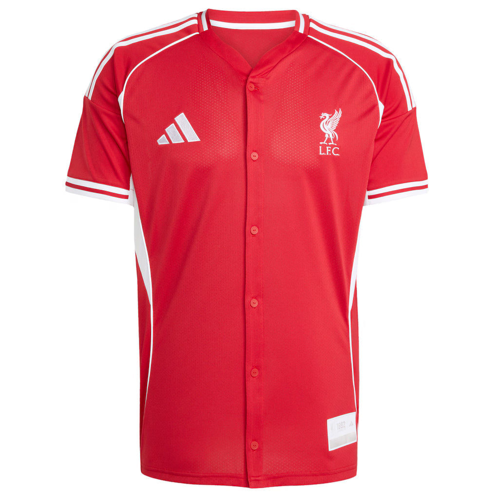 Liverpool Adidas Baseball Jersey – striped and red retro football jersey front view