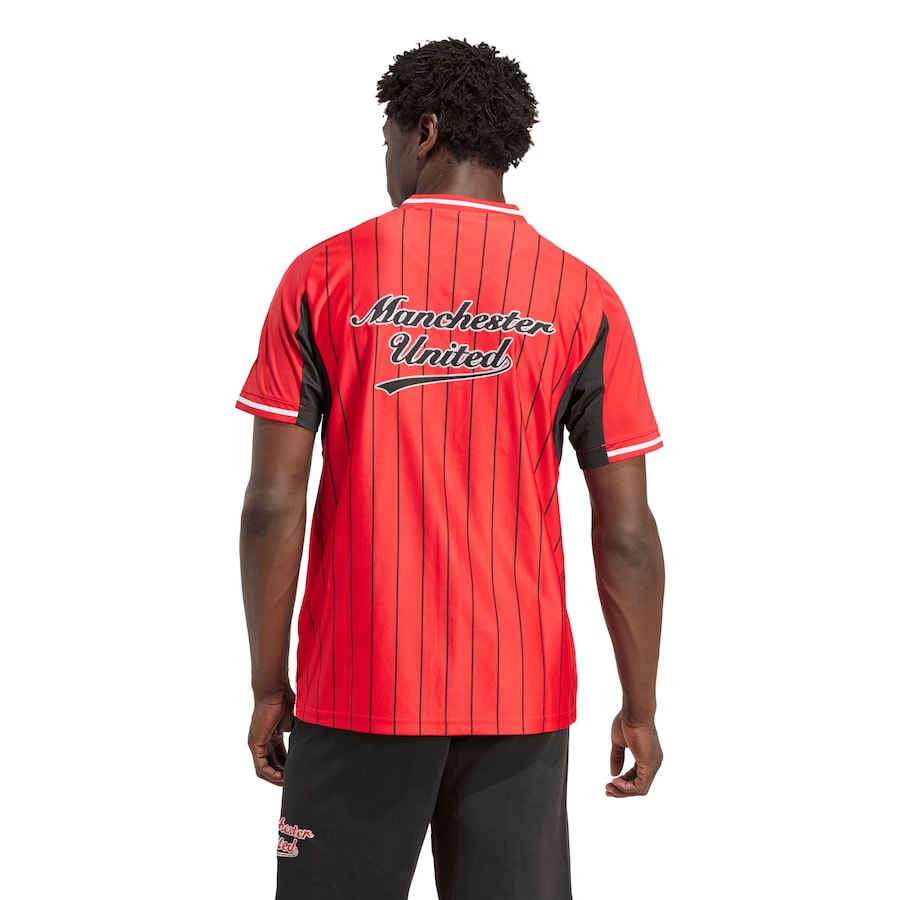 Manchester United Adidas Baseball Jersey – striped and navy and white retro football jersey back view