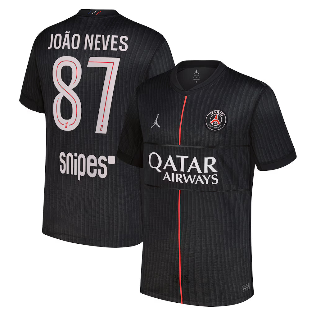 PSG João Neves Away Kit 2025/26 (Ligue 1) - Jordan – retro football jersey detail view