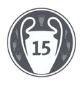 A circular graphic featuring the UEFA Champions League trophy silhouette with the number 15 in the center, rendered in dark gray and white on a plain white background.