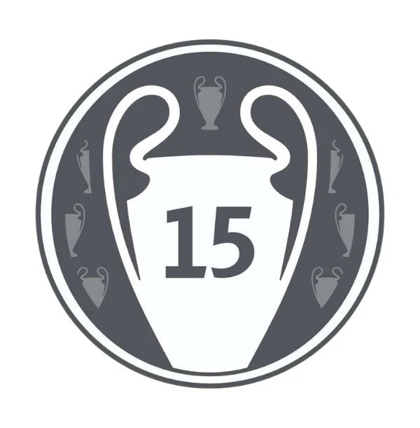 A circular graphic featuring the UEFA Champions League trophy silhouette with the number 15 in the center, rendered in dark gray and white on a plain white background.